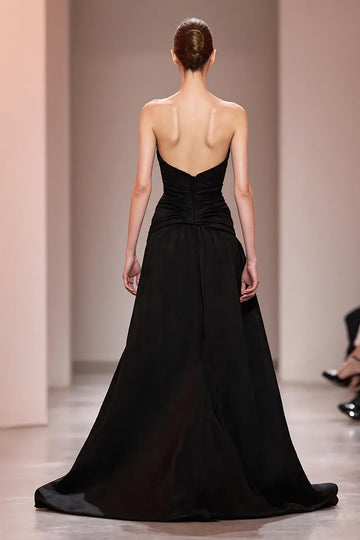 Black A Line Satin Beaded Sweetheart Evening Dress With Slit